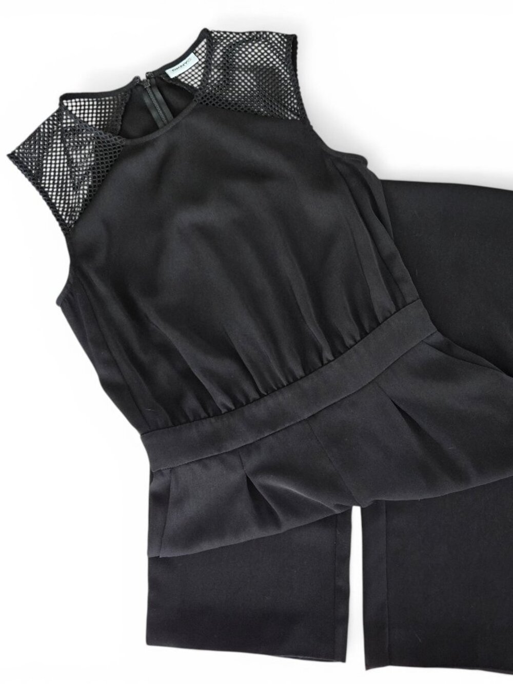 DKNY Mesh Shoulder Jumpsuit Women Straight Leg Jumper Stretch Waist Evening 4